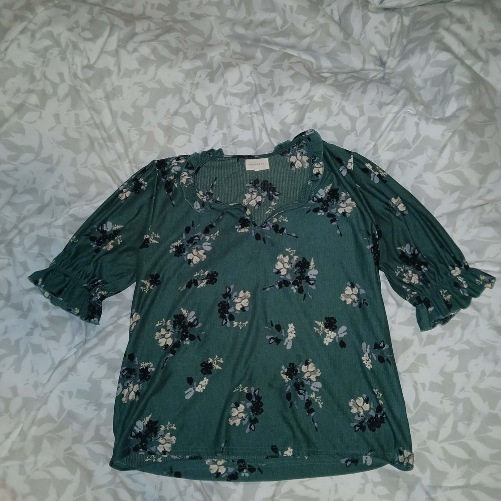 MELLODAY Teal Green Floral Ruffle Sleeve Top